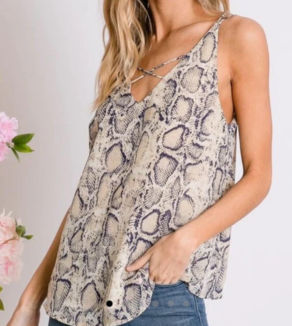 Davi & Dani Cream Blue Gray Python Double Strap Sleeveless Top Women's Medium